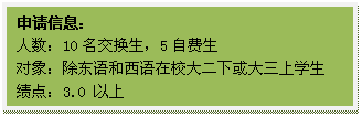 文本框: 申请信息：人数：10名交换生，5自费生对象：除东语和西语在校大二下或大三上员工绩点：3.0 以上