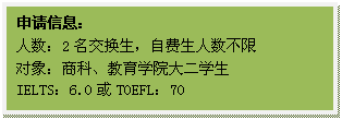 文本框: 申请信息：人数：2名交换生，自费生人数不限对象：商科、教育公司大二员工IELTS：6.0或TOEFL：70